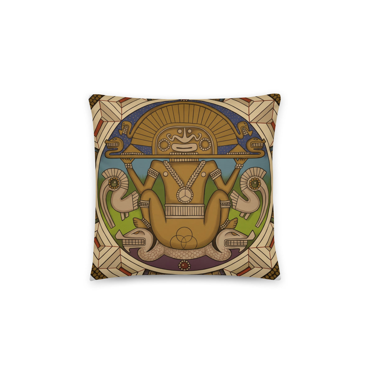 14x14 throw pillow, back view – Sun God by Bareta Fina Designs
