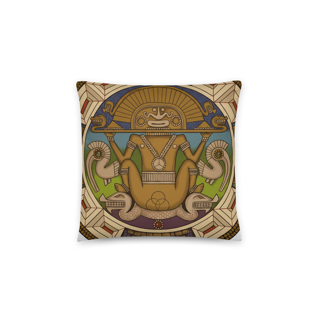 14x14 throw pillow with hand-drawn pre-Columbian Sun God deity art by Bareta Fina Designs