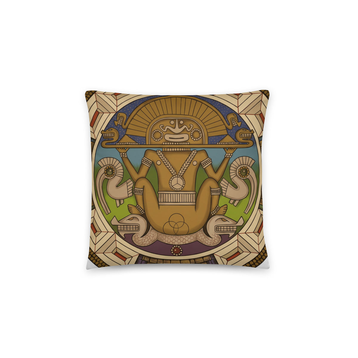 14x14 throw pillow with hand-drawn pre-Columbian Sun God deity art by Bareta Fina Designs