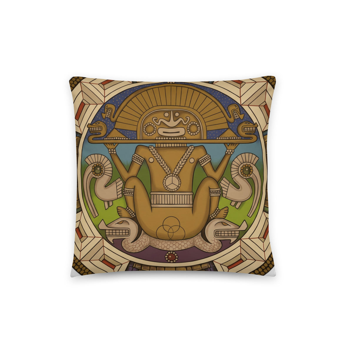 16x16 throw pillow, back view – Sun God by Bareta Fina Designs