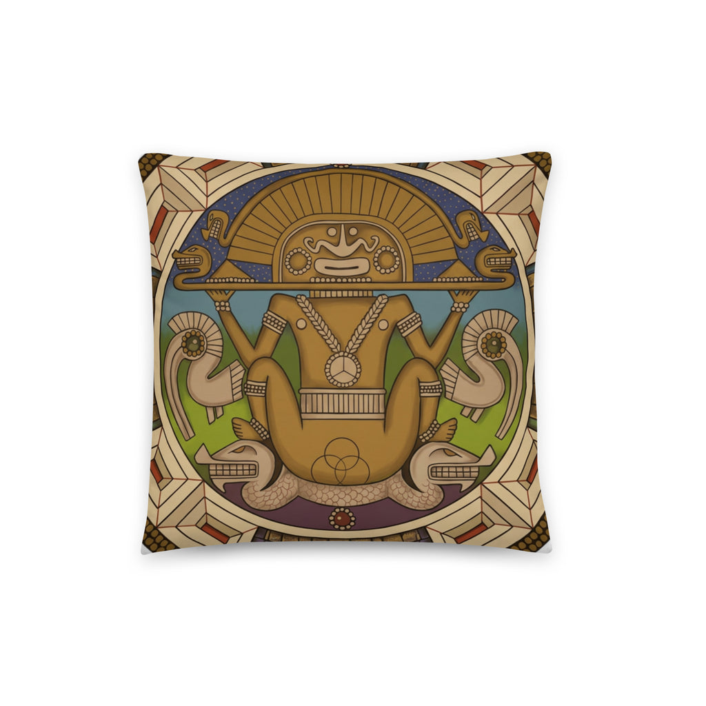 16x16 throw pillow with hand-drawn pre-Columbian Sun God deity art by Bareta Fina Designs