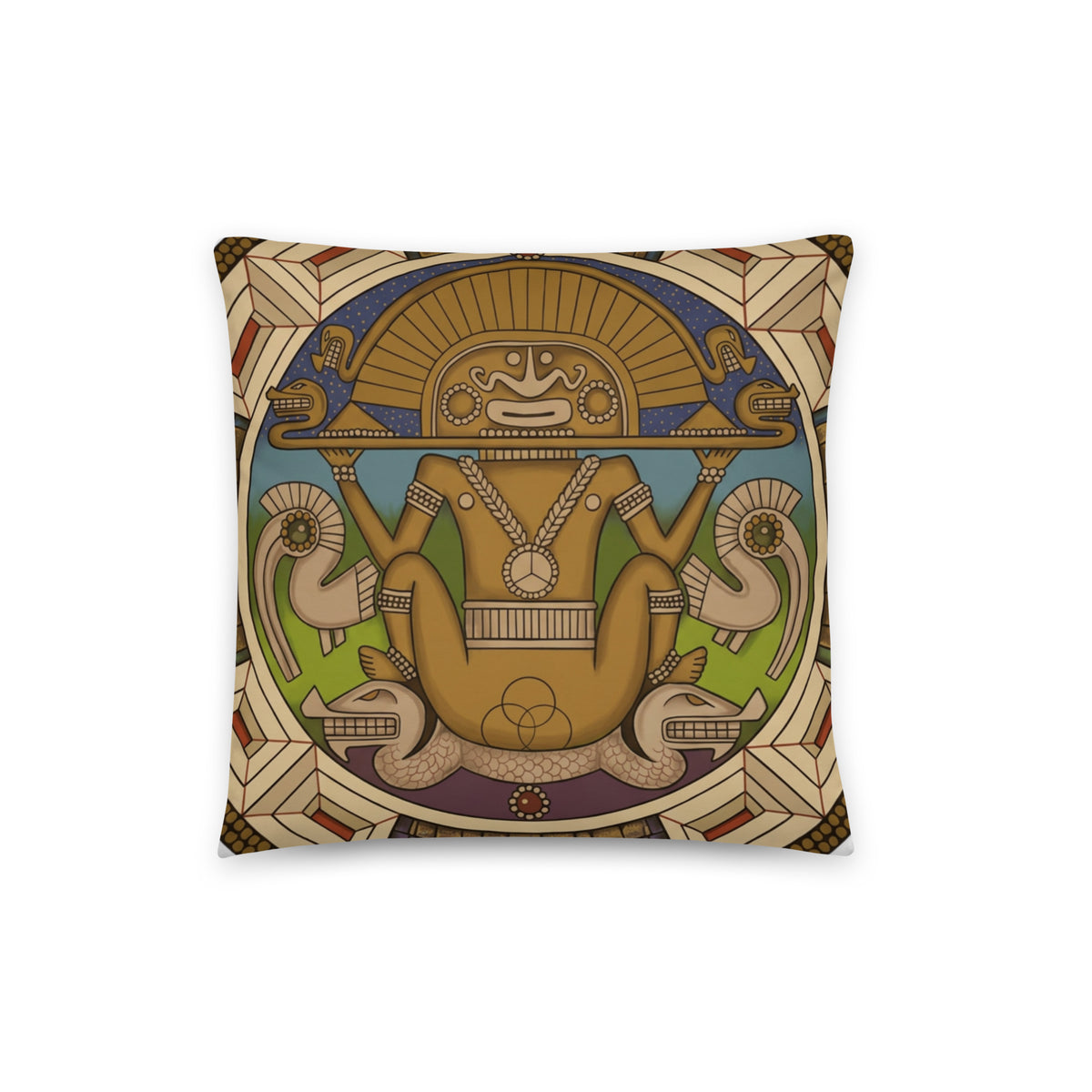 16x16 throw pillow with hand-drawn pre-Columbian Sun God deity art by Bareta Fina Designs