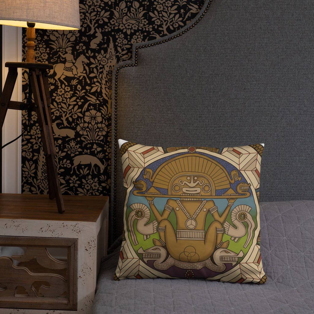 18x18 throw pillow, back view – Sun God by Bareta Fina Designs
