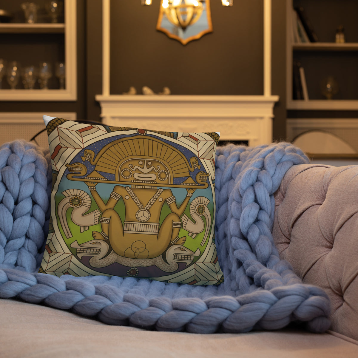 18x18 throw pillow, back view – Sun God by Bareta Fina Designs