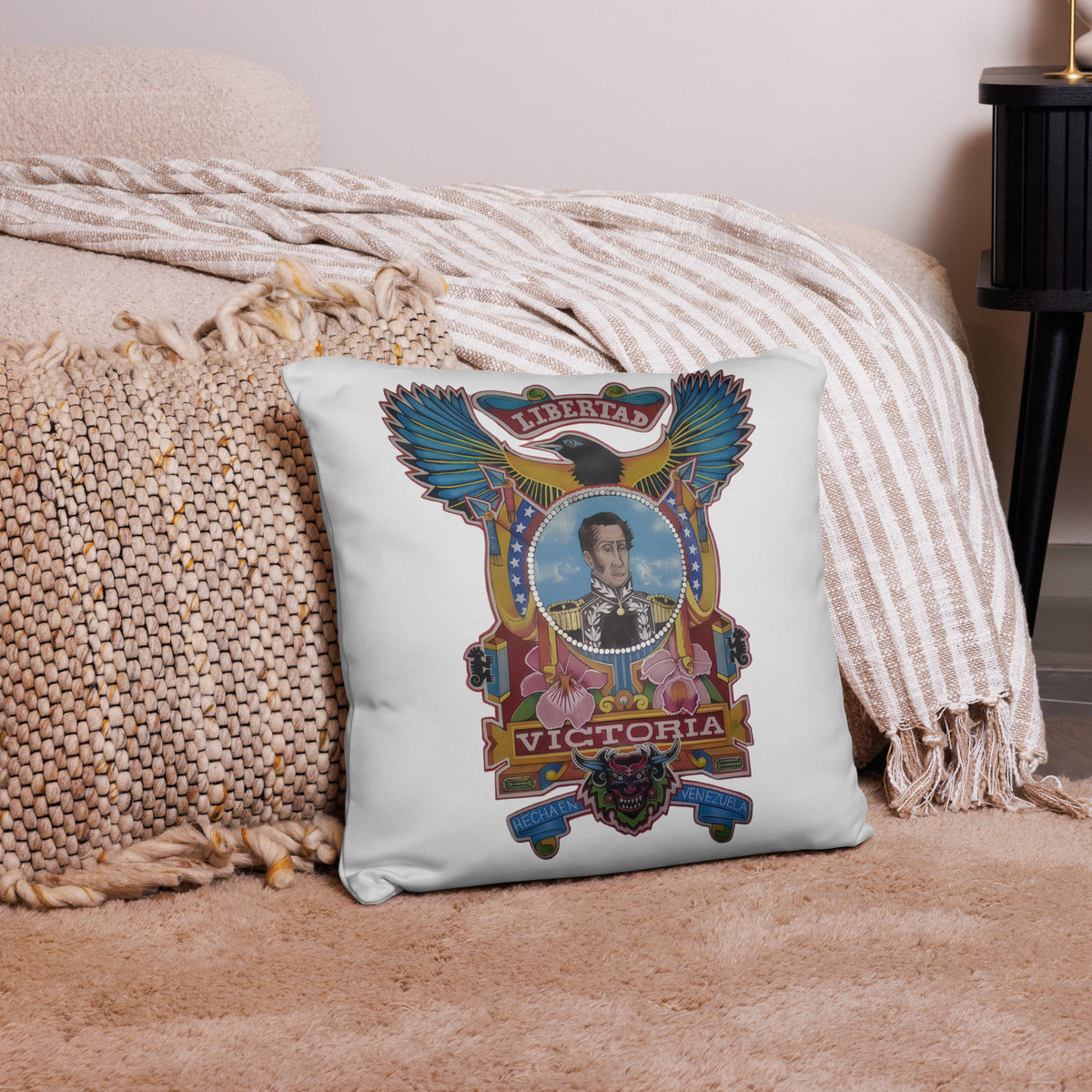 18×18 throw pillow with hand-drawn Simón Bolívar-inspired art – El Libertador home decor by Bareta Fina Designs