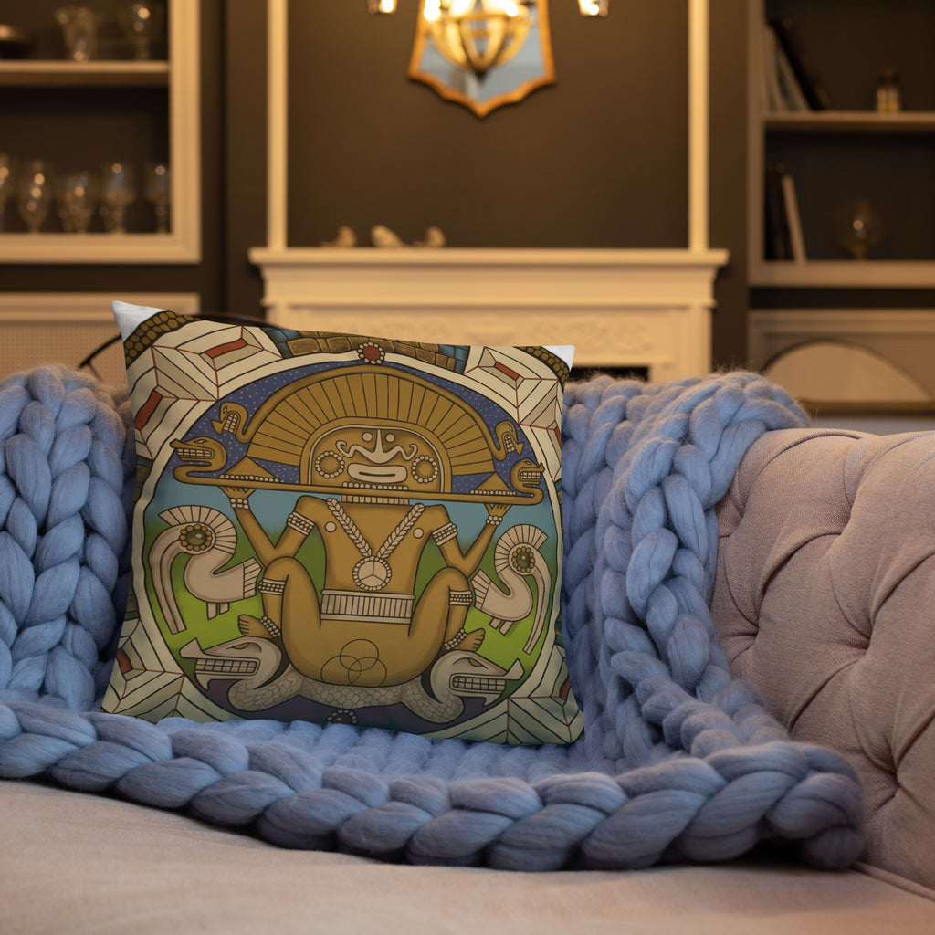 18x18 throw pillow with hand-drawn pre-Columbian Sun God deity art by Bareta Fina Designs