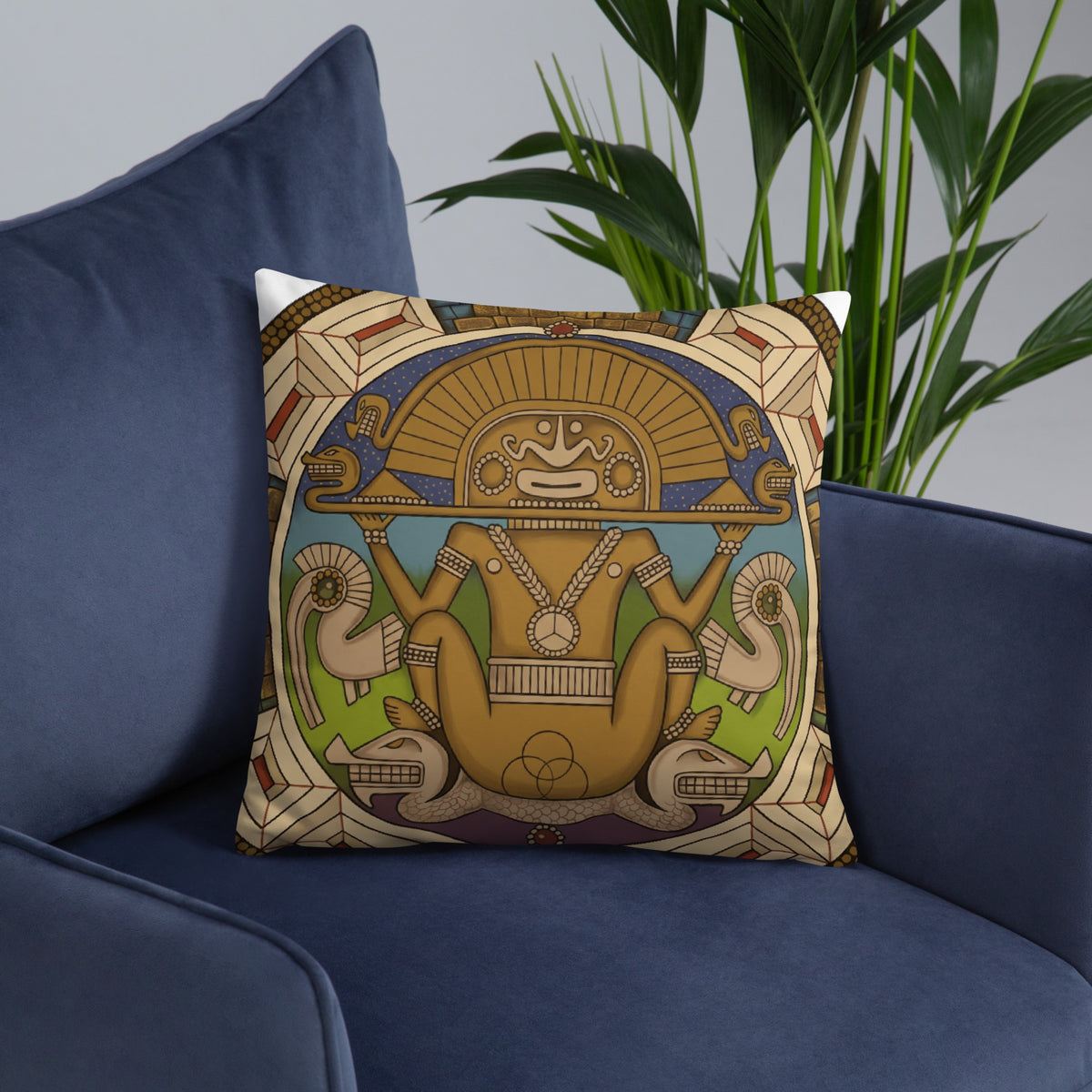18x18 throw pillow with hand-drawn pre-Columbian Sun God deity art by Bareta Fina Designs
