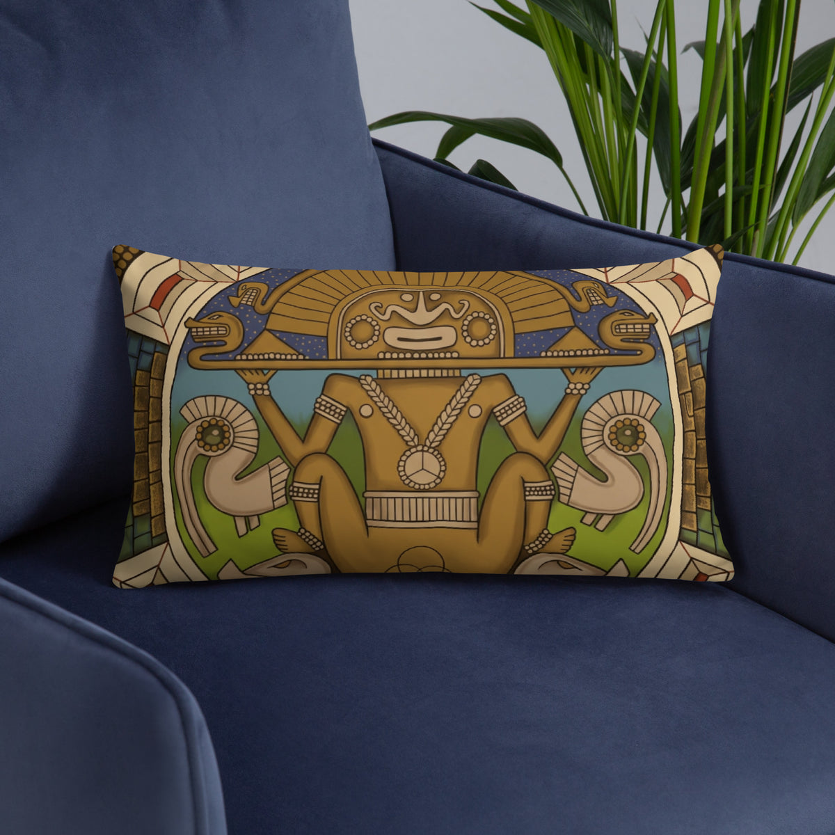 20x12 lumbar throw pillow with hand-drawn pre-Columbian Sun God deity art by Bareta Fina Designs