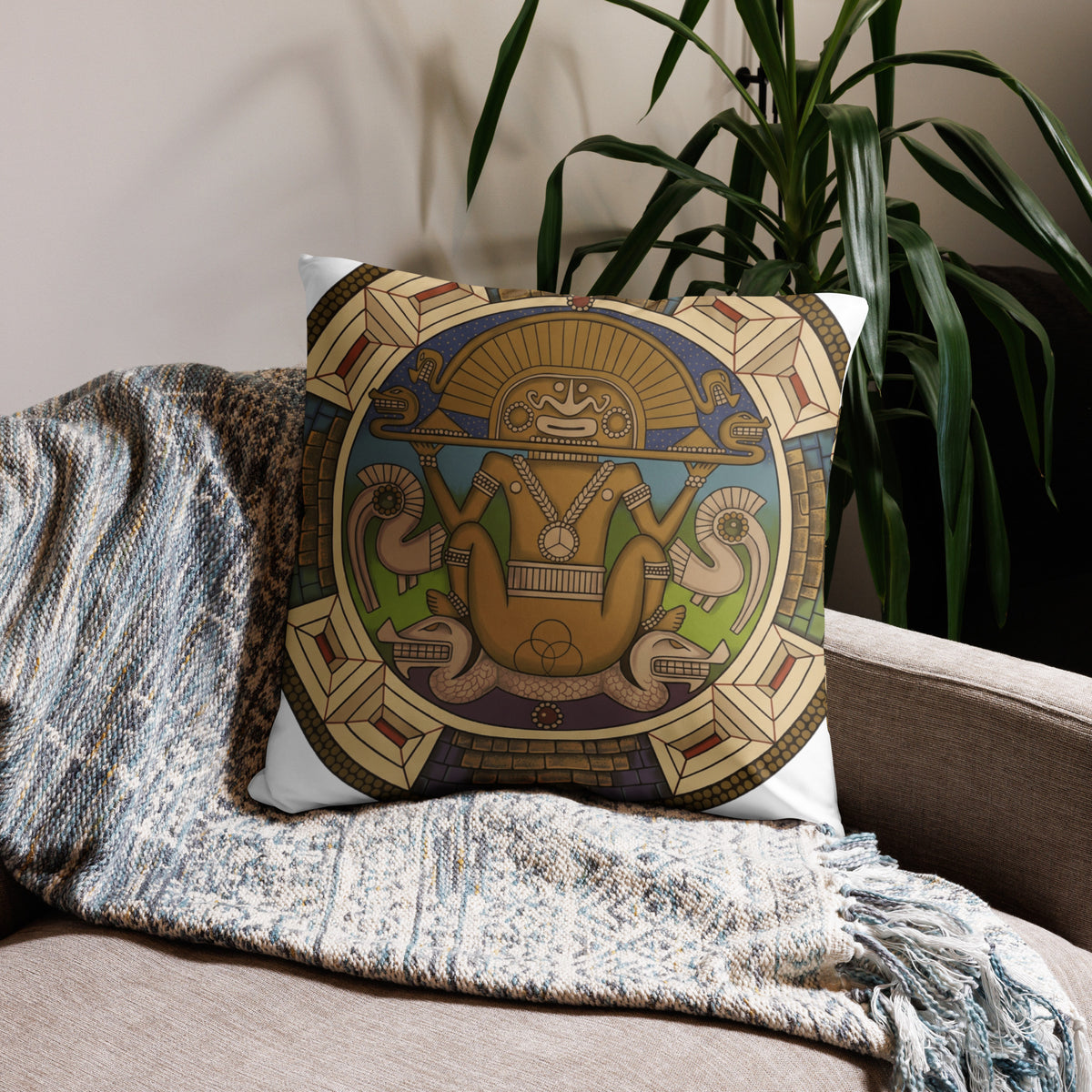 22x22 throw pillow with hand-drawn pre-Columbian Sun God deity art by Bareta Fina Designs