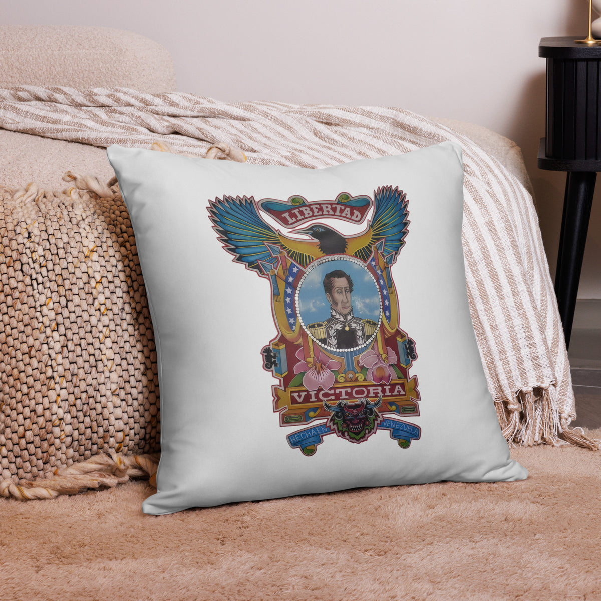 22×22 throw pillow with hand-drawn Simón Bolívar-inspired art – El Libertador home decor by Bareta Fina Designs