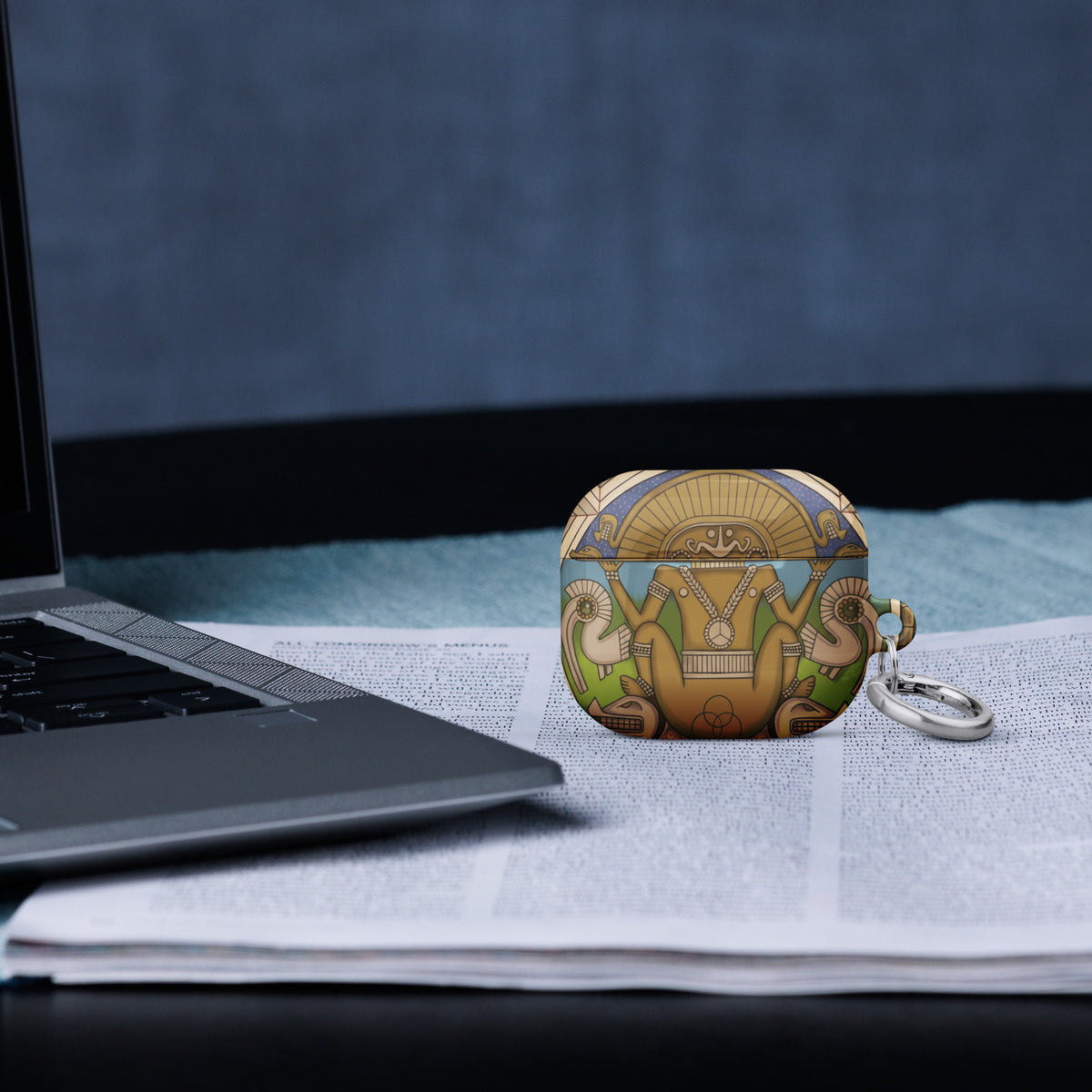 White AirPods case (3rd generation) with hand-drawn pre-Columbian Sun God deity art by Bareta Fina Designs