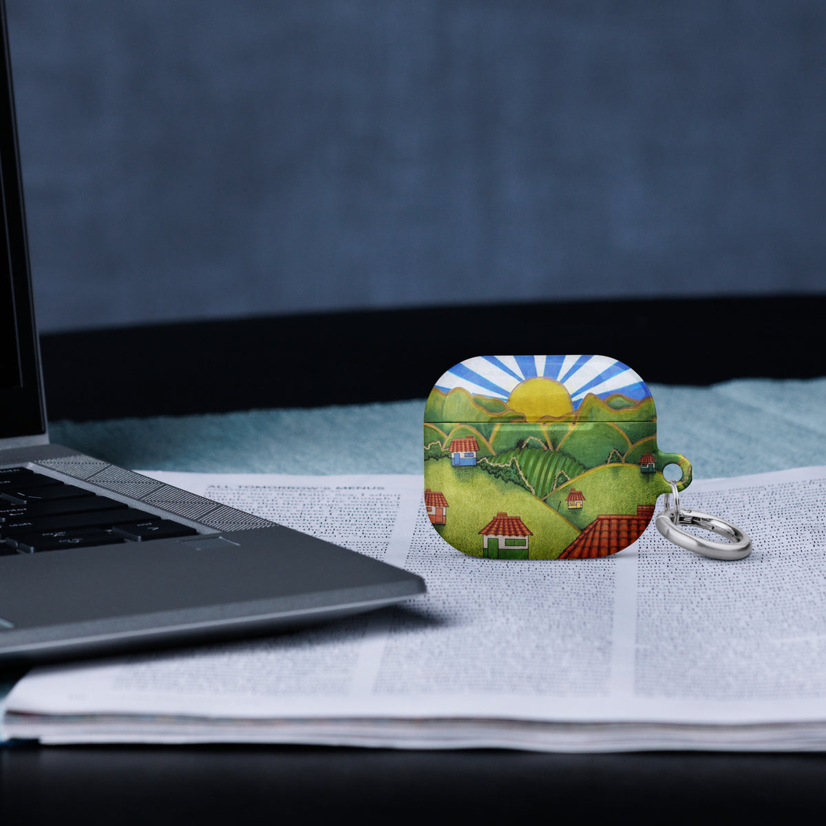 White AirPods case (3rd generation) with hand-drawn Colombian landscape art – Beautiful View by Bareta Fina Designs