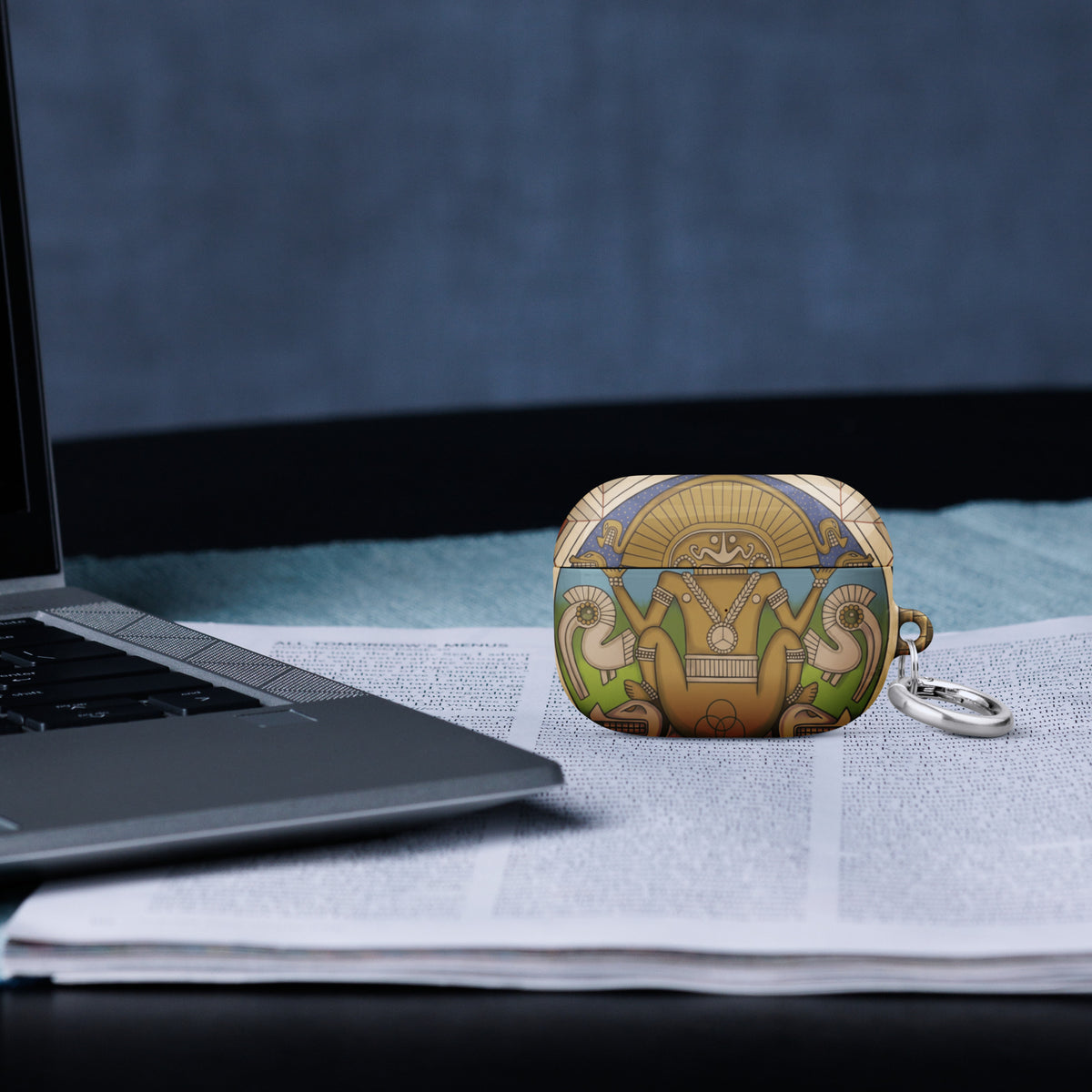 White AirPods Pro case (1st generation) with hand-drawn pre-Columbian Sun God deity art by Bareta Fina Designs