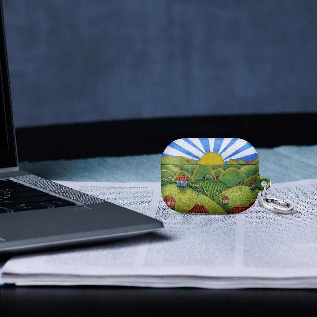 White AirPods Pro case (1st generation) with hand-drawn Colombian landscape art – Beautiful View by Bareta Fina Designs
