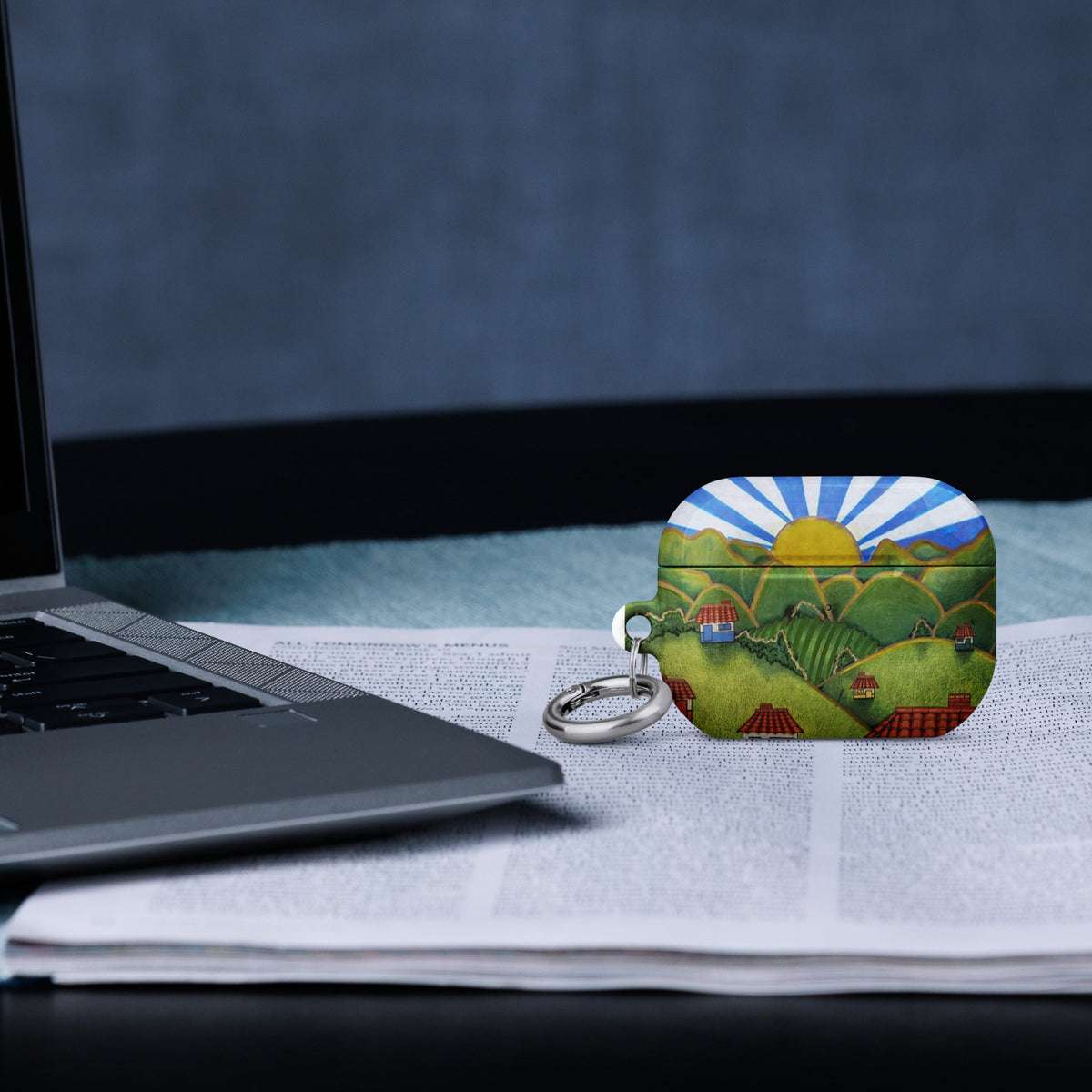 White AirPods Pro case (2nd generation) with hand-drawn Colombian landscape art – Beautiful View by Bareta Fina Designs