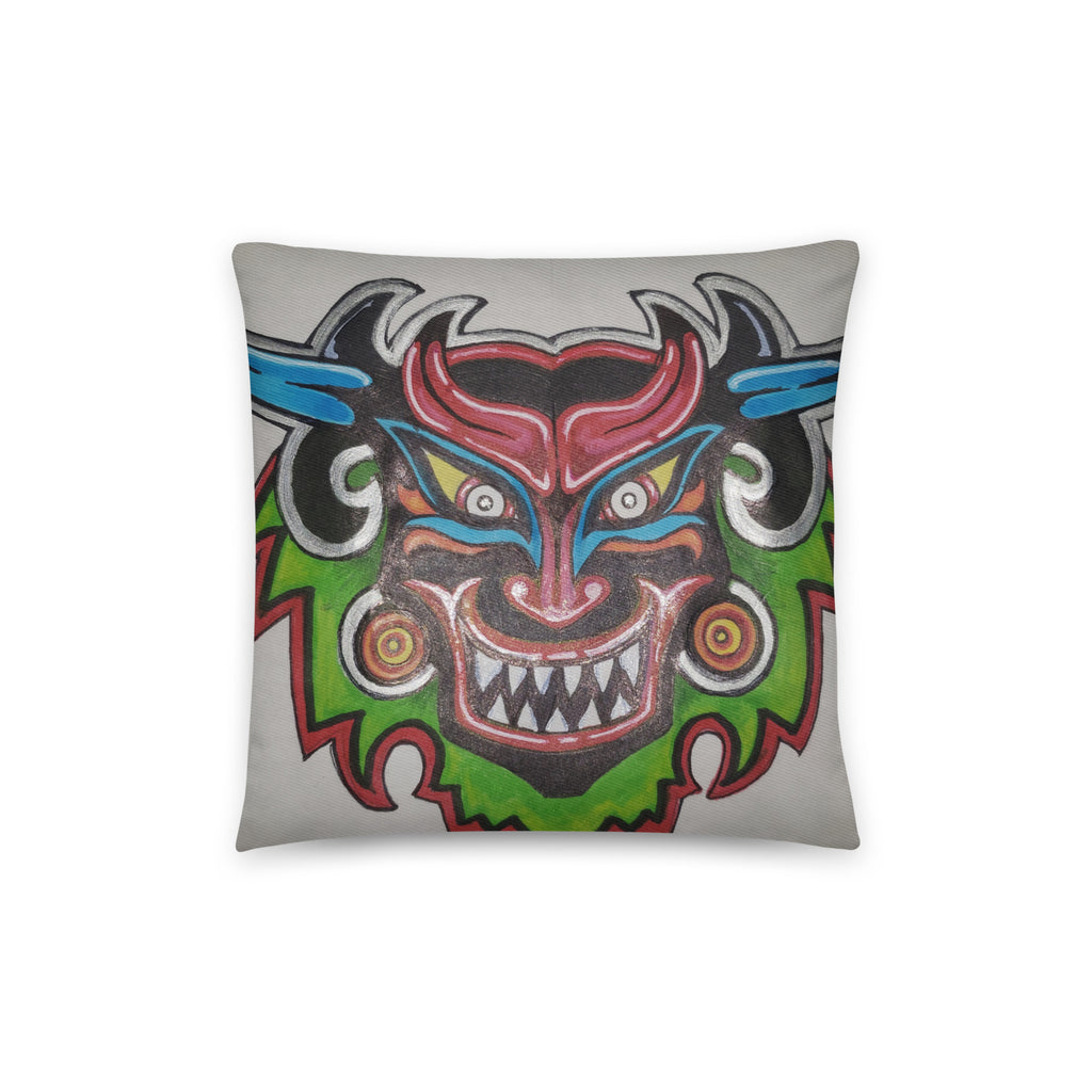 Dancing Demon Throw Pillow, 14×14 inches, back view of the hand-drawn Diablos Danzantes mask design
