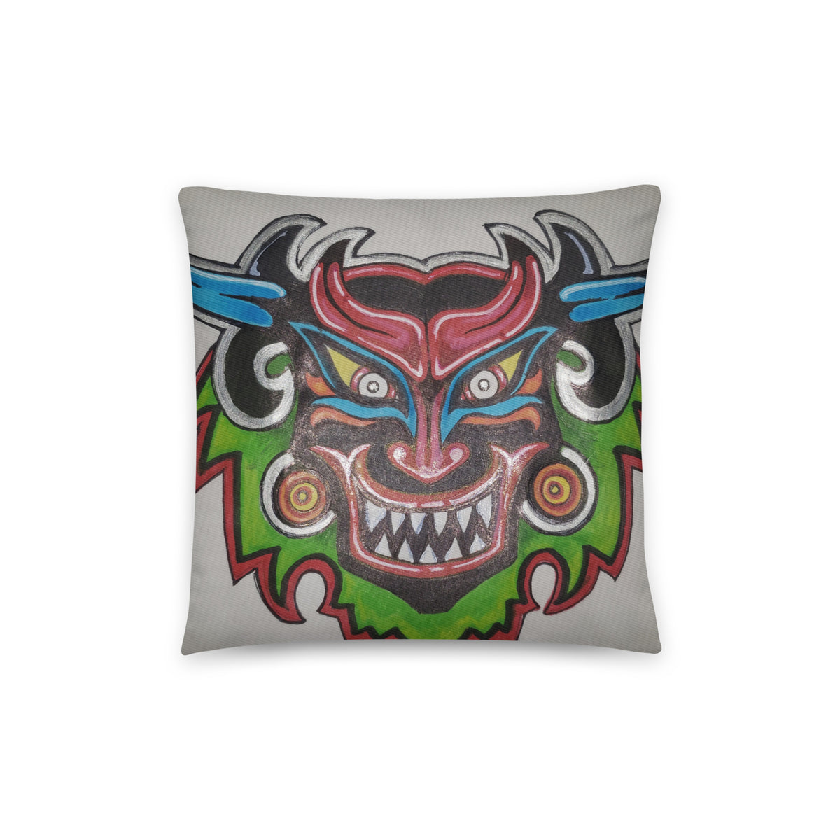 Dancing Demon Throw Pillow, 14×14 inches, back view of the hand-drawn Diablos Danzantes mask design