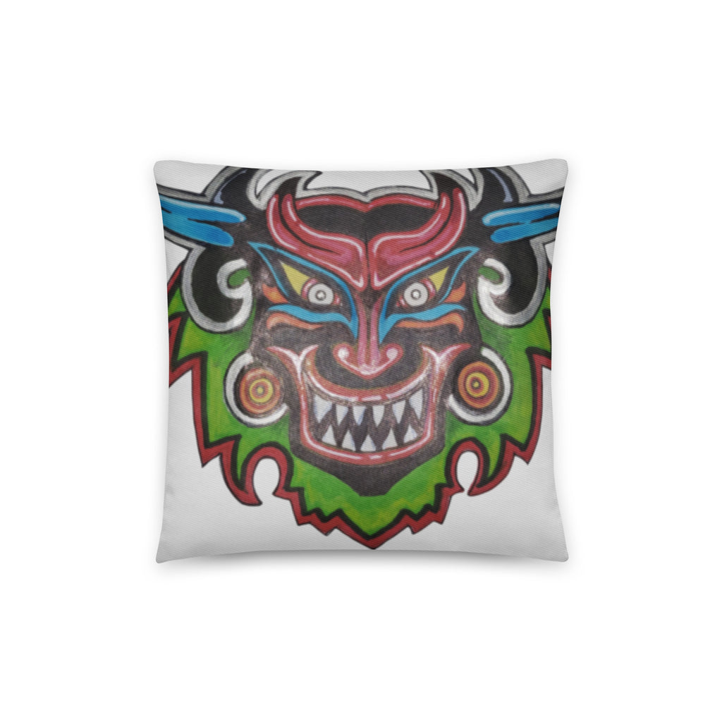 Dancing Demon Throw Pillow, 14×14 inches, front view of the hand-drawn Diablos Danzantes mask design