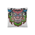 Dancing Demon Throw Pillow, 14×14 inches, front view of the hand-drawn Diablos Danzantes mask design