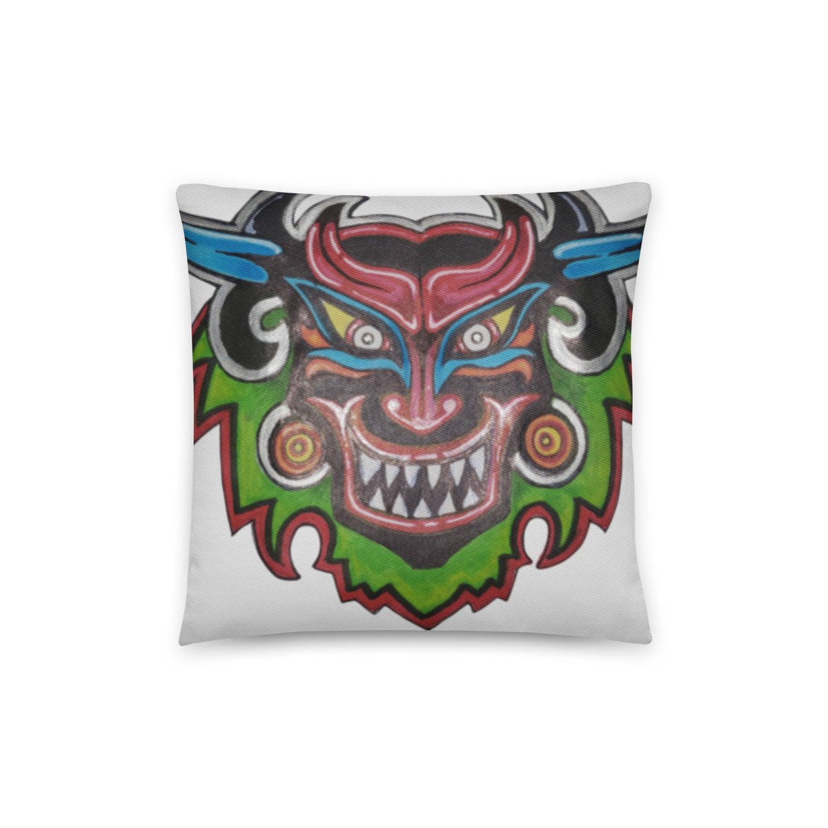 Dancing Demon Throw Pillow, 14×14 inches, front view of the hand-drawn Diablos Danzantes mask design