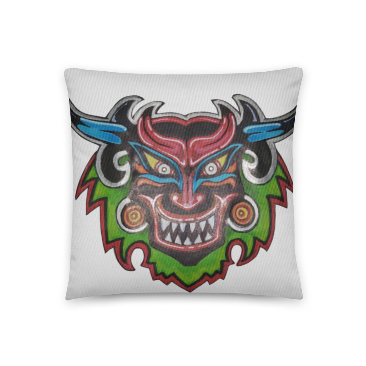 Dancing Demon Throw Pillow, 16×16 inches, front view of the hand-drawn Diablos Danzantes mask design