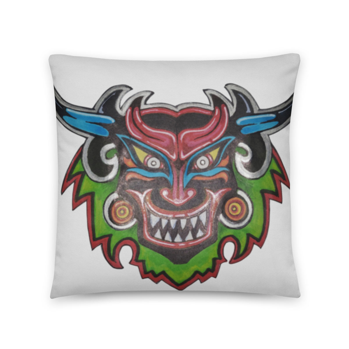 Dancing Demon Throw Pillow, 18×18 inches, front view of the hand-drawn Diablos Danzantes mask design