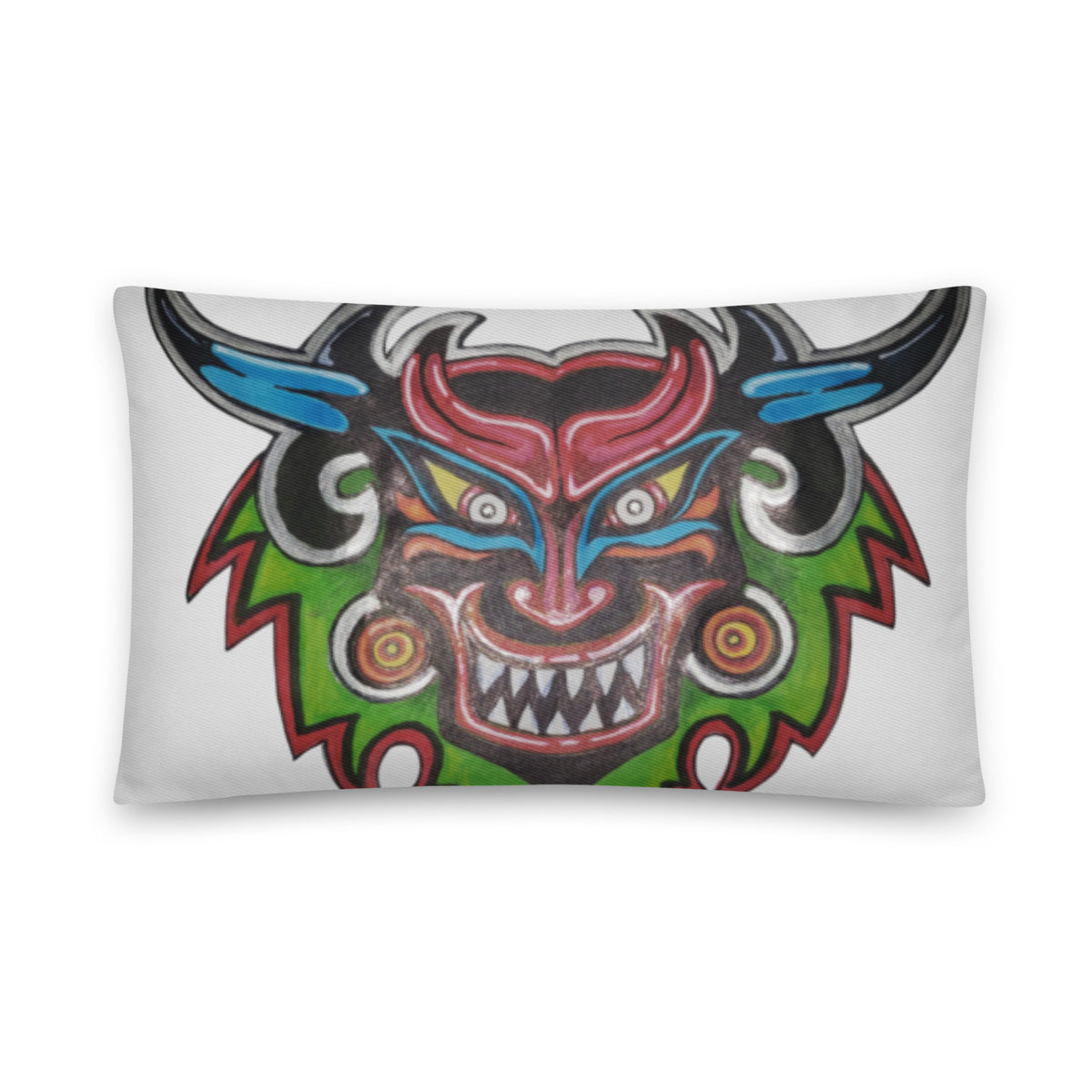 Dancing Demon Throw Pillow, 20×12 inch lumbar size, front view of the hand-drawn Diablos Danzantes mask design