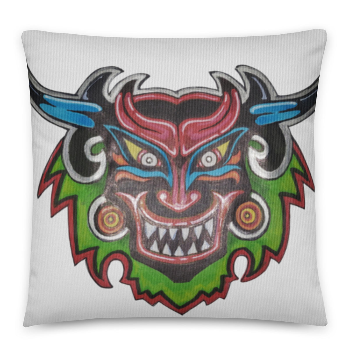 Dancing Demon Throw Pillow, 22×22 inches, front view of the hand-drawn Diablos Danzantes mask design