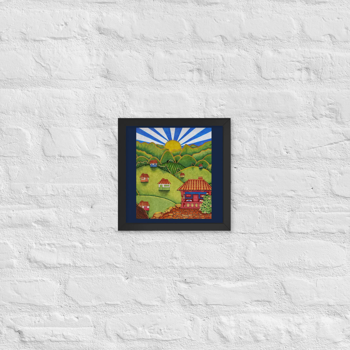 Black framed poster with hand-drawn Colombian landscape art – Beautiful View by Bareta Fina Designs