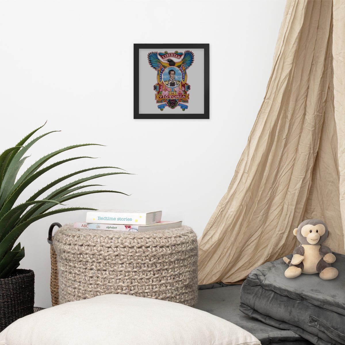 Black framed poster with hand-drawn Simón Bolívar-inspired art, 10×10 – El Libertador wall art by Bareta Fina Designs