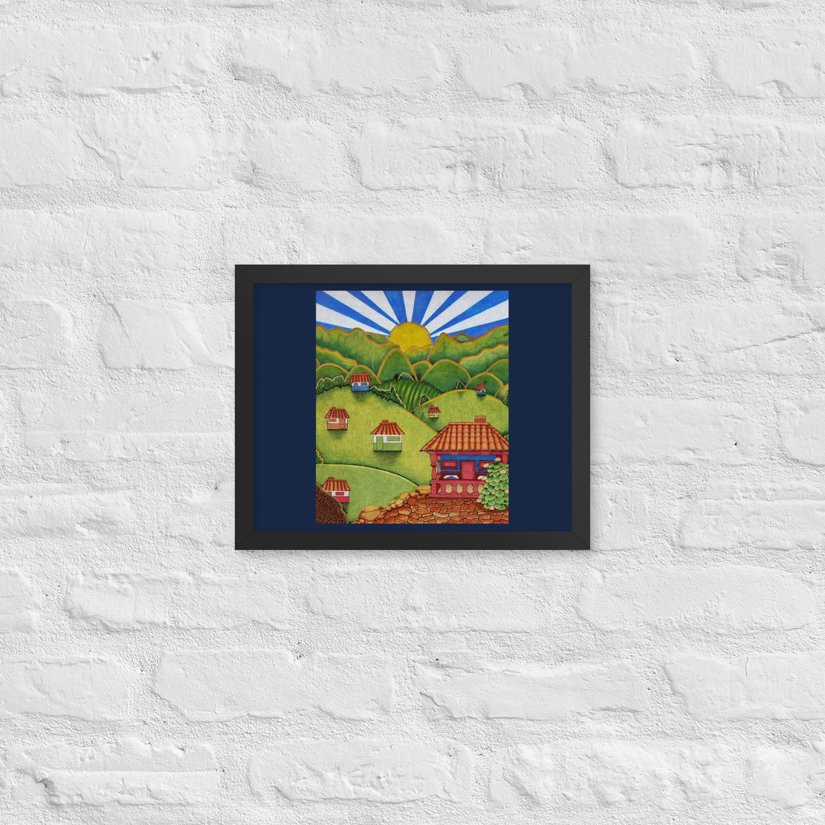 Black framed poster with hand-drawn Colombian landscape art – Beautiful View by Bareta Fina Designs
