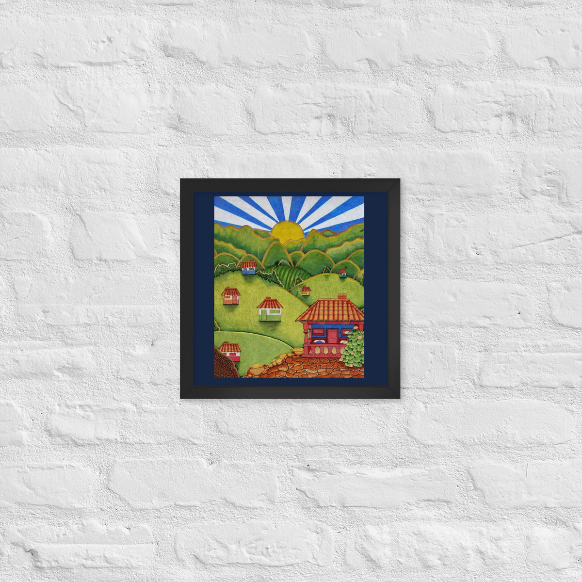 Black framed poster with hand-drawn Colombian landscape art – Beautiful View by Bareta Fina Designs