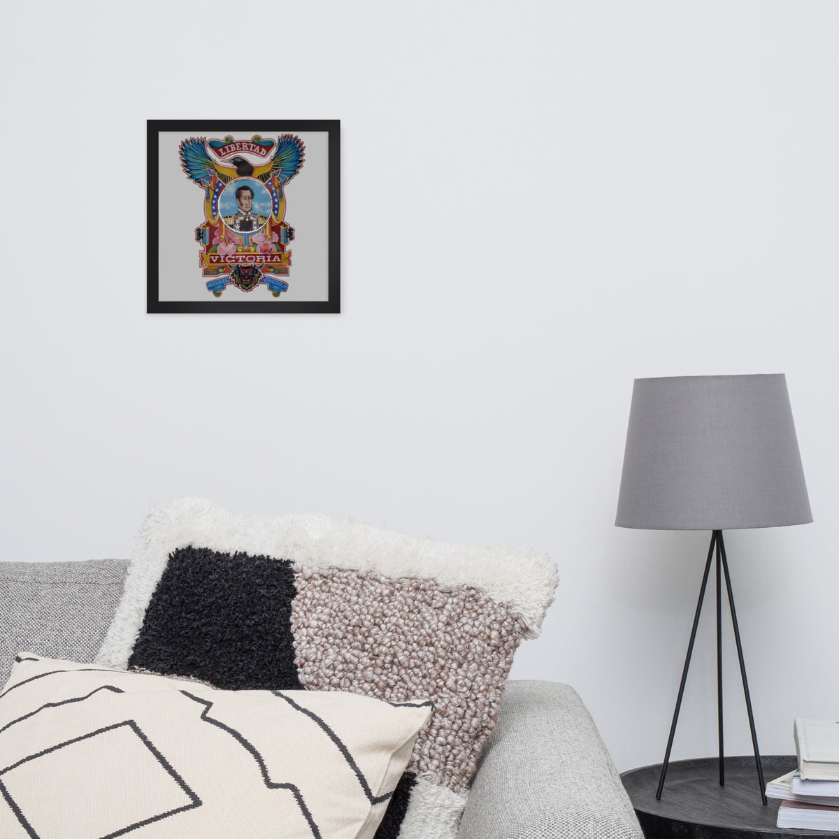 Black framed poster with hand-drawn Simón Bolívar-inspired art, 12×12 – El Libertador wall art by Bareta Fina Designs