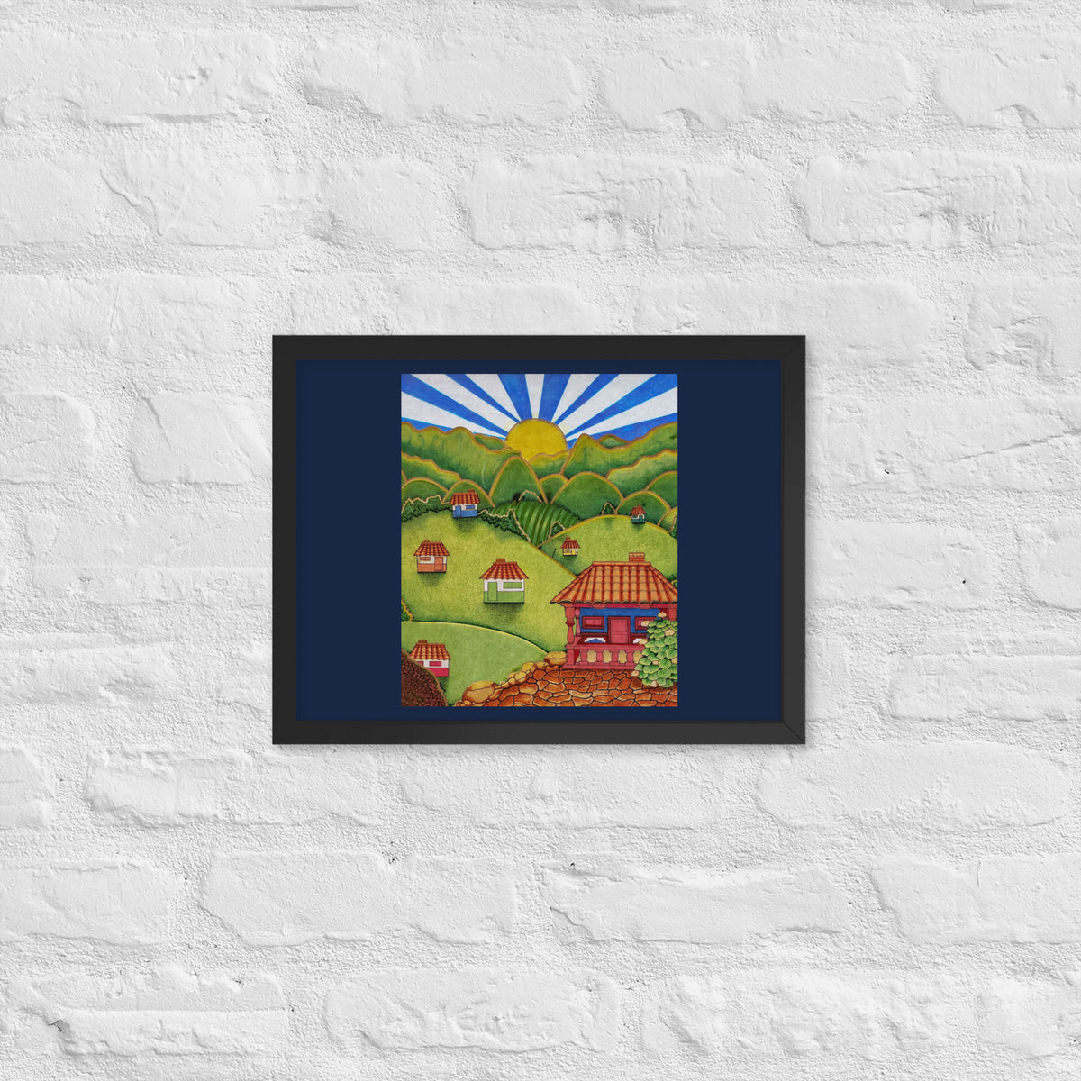 Black framed poster with hand-drawn Colombian landscape art – Beautiful View by Bareta Fina Designs