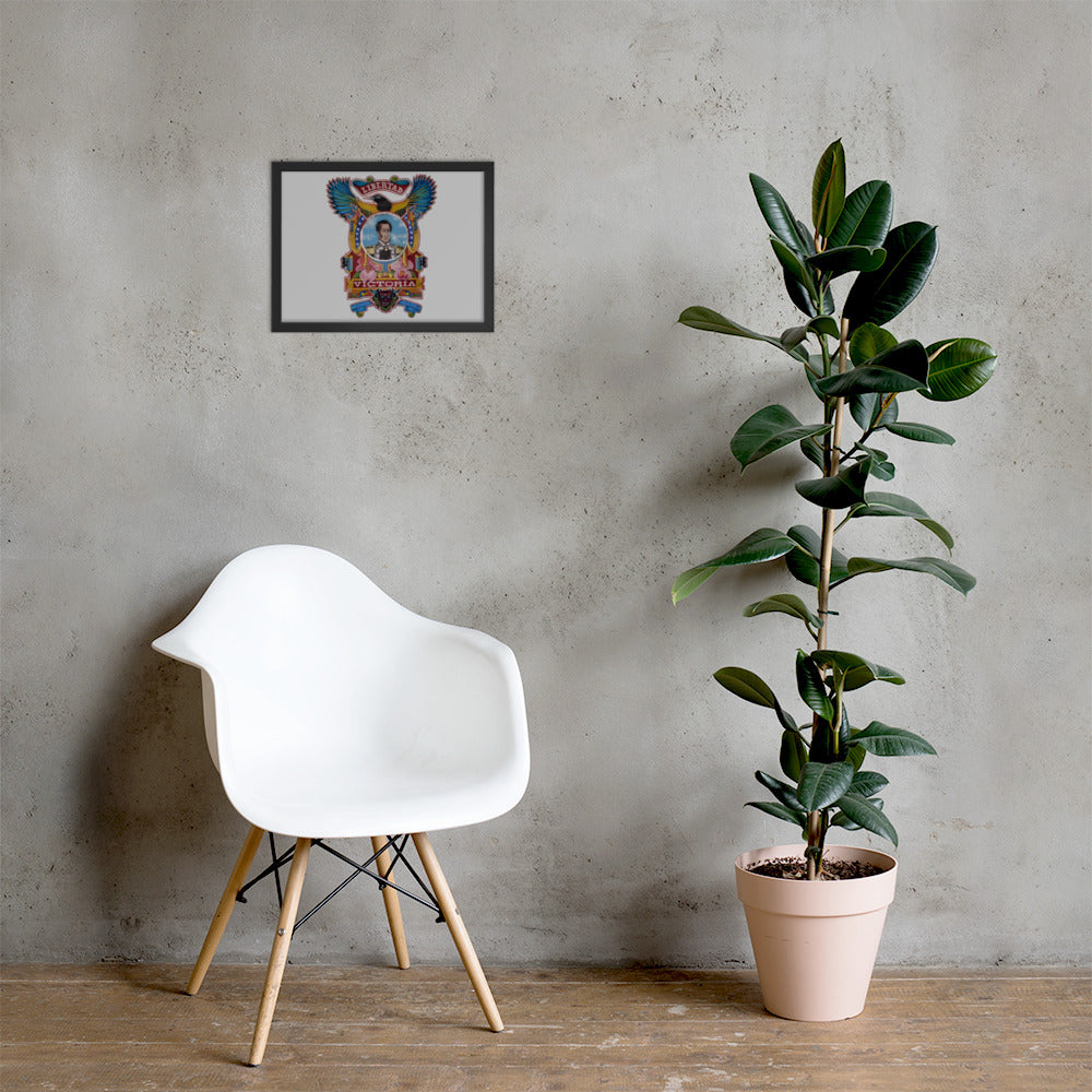 Black framed poster with hand-drawn Simón Bolívar-inspired art on a wall, 12×16 – El Libertador wall art by Bareta Fina Designs