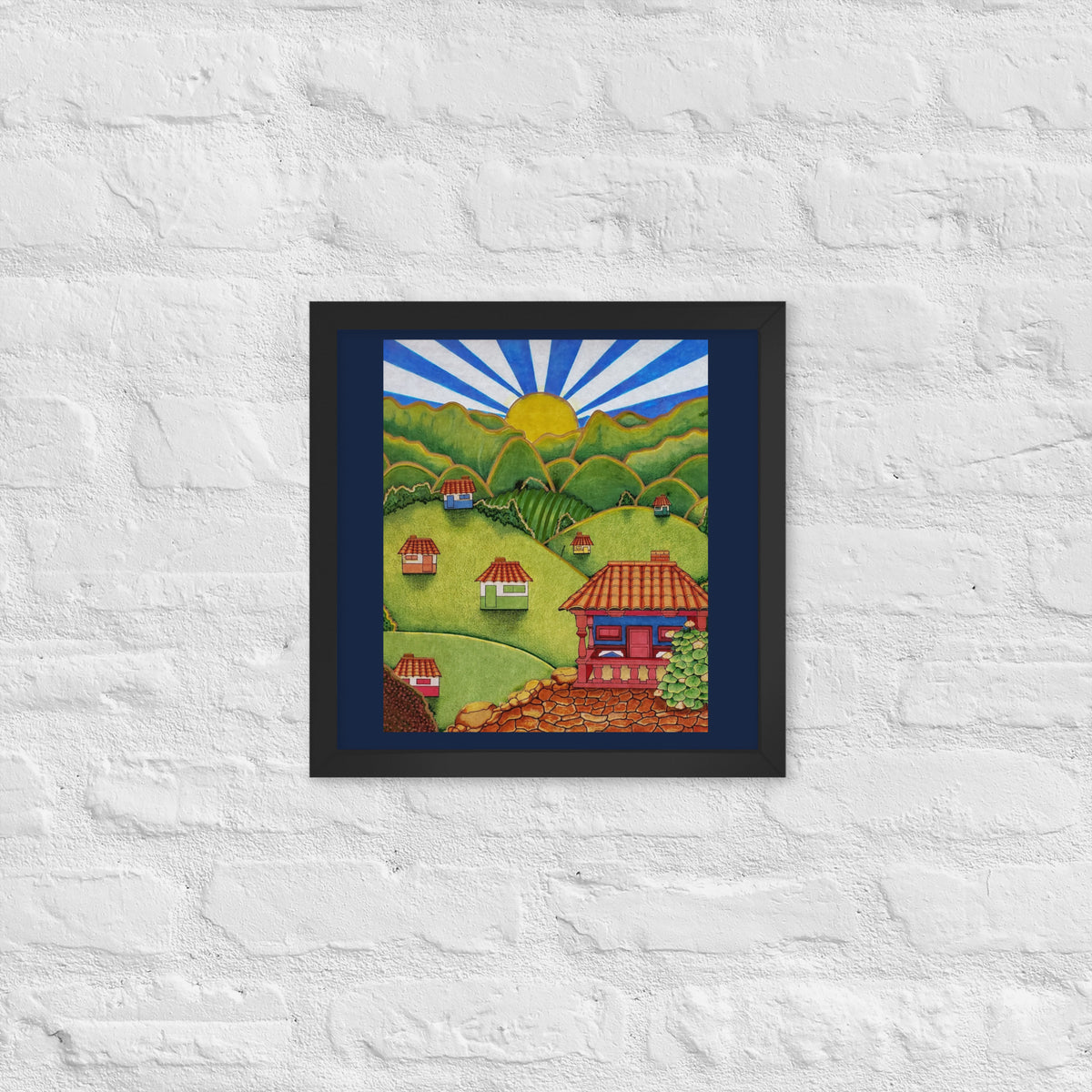 Black framed poster with hand-drawn Colombian landscape art – Beautiful View by Bareta Fina Designs