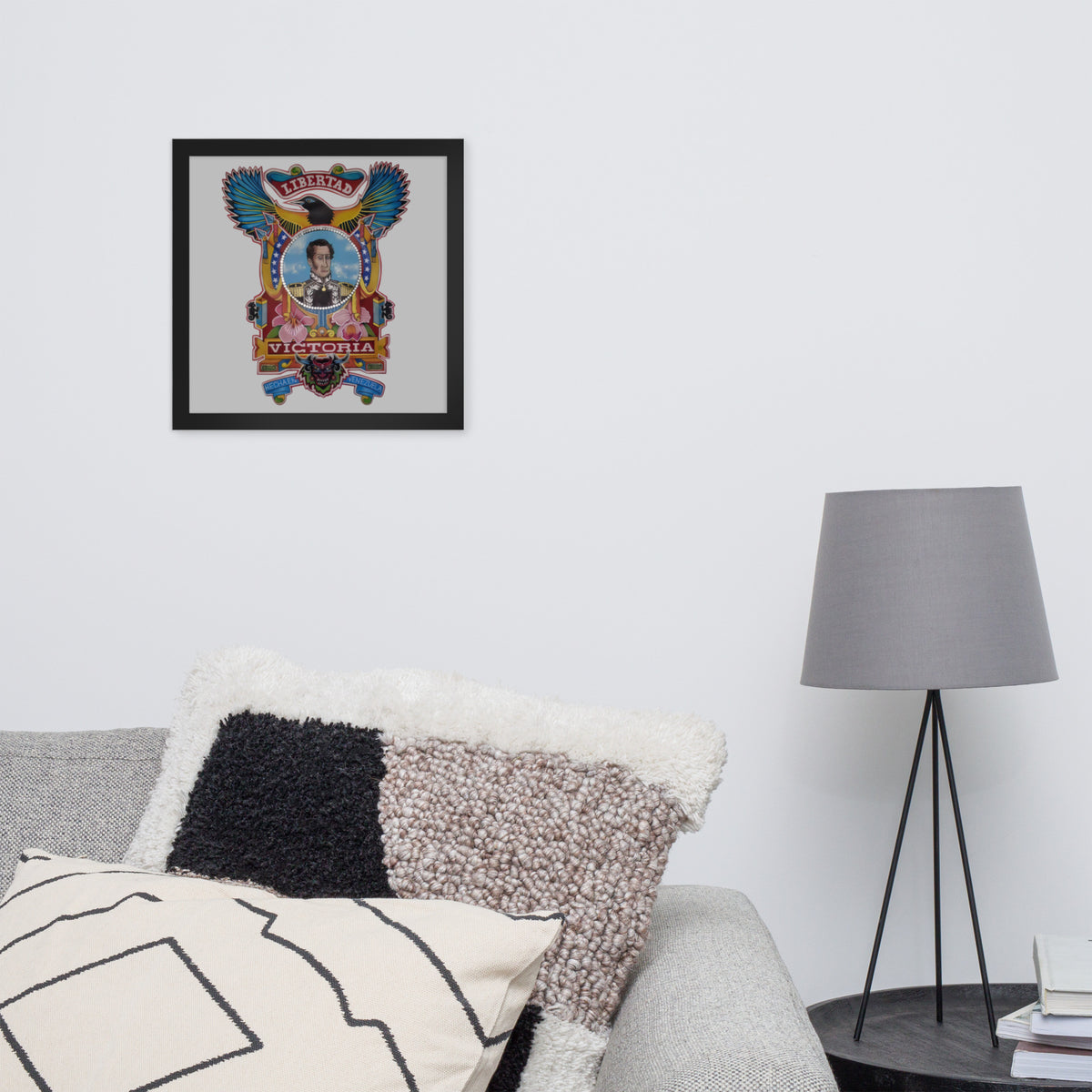 Black framed poster with hand-drawn Simón Bolívar-inspired art, 14×14 – El Libertador wall art by Bareta Fina Designs