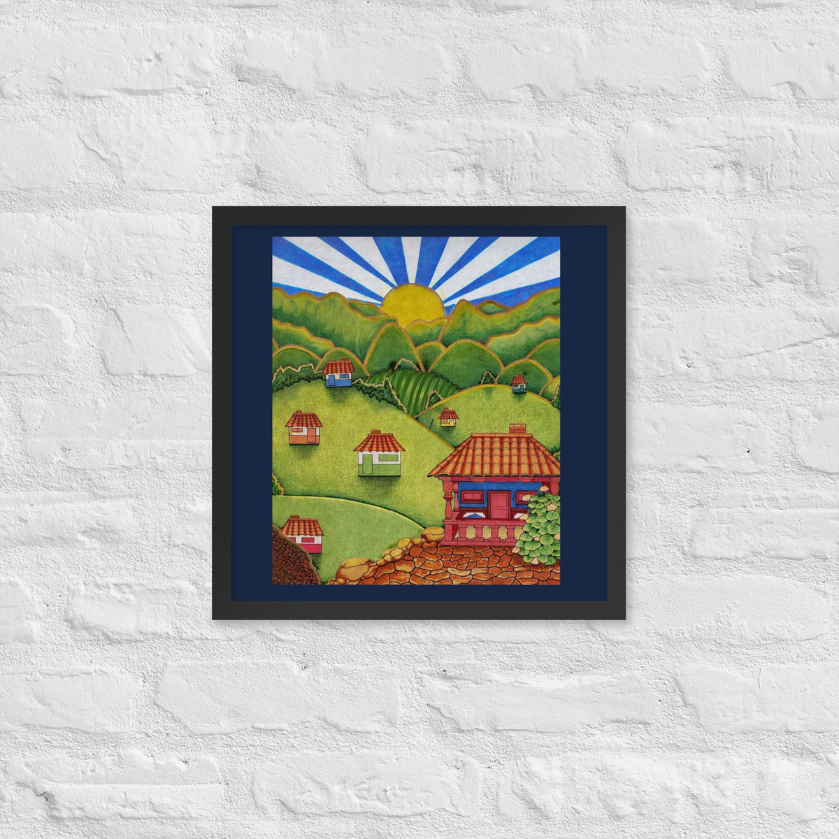 Black framed poster with hand-drawn Colombian landscape art – Beautiful View by Bareta Fina Designs