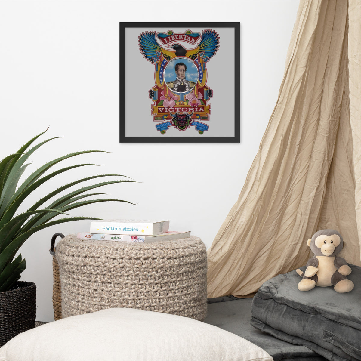 Black framed poster with hand-drawn Simón Bolívar-inspired art, 16×16 – El Libertador wall art by Bareta Fina Designs