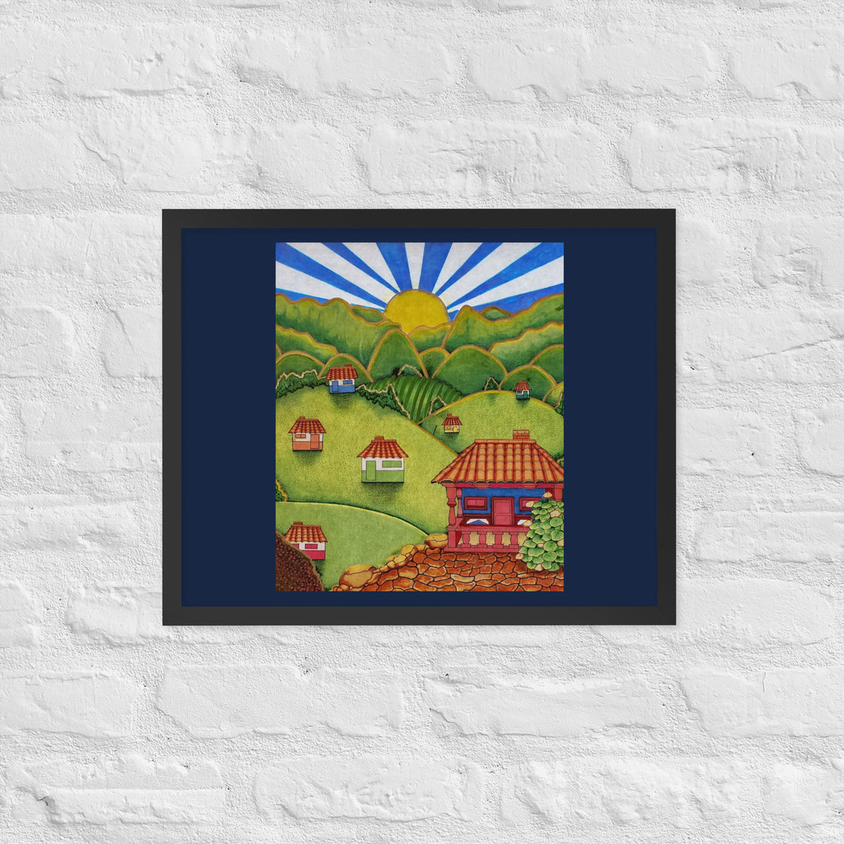 Black framed poster with hand-drawn Colombian landscape art by Bareta Fina Designs