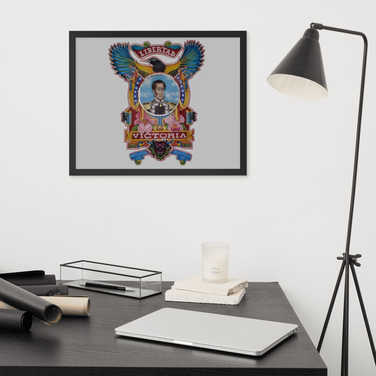Black framed poster with hand-drawn Simón Bolívar-inspired art, 16×20 – El Libertador wall art by Bareta Fina Designs