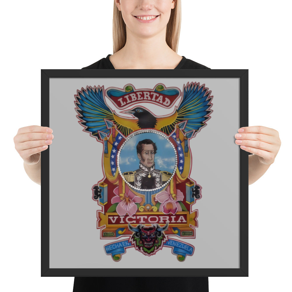 Black framed poster with hand-drawn Simón Bolívar-inspired art on a person's wall, 18×18 – El Libertador wall art by Bareta Fina Designs