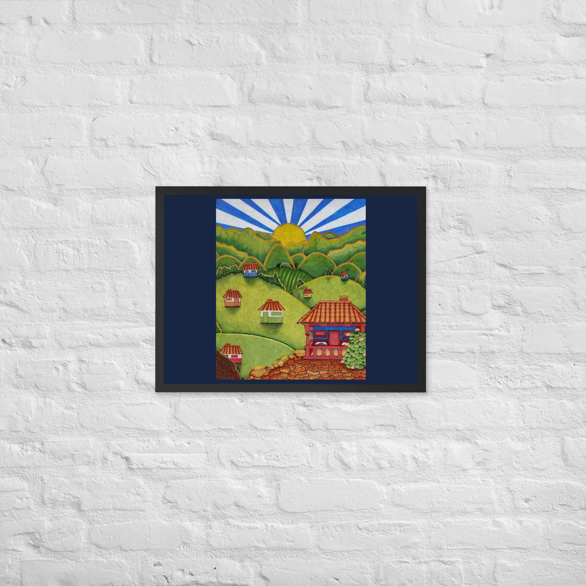 Black framed poster with hand-drawn Colombian landscape art – Beautiful View by Bareta Fina Designs