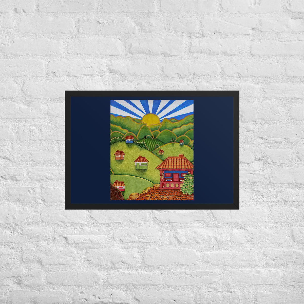 Black framed poster with hand-drawn Colombian landscape art – Beautiful View by Bareta Fina Designs