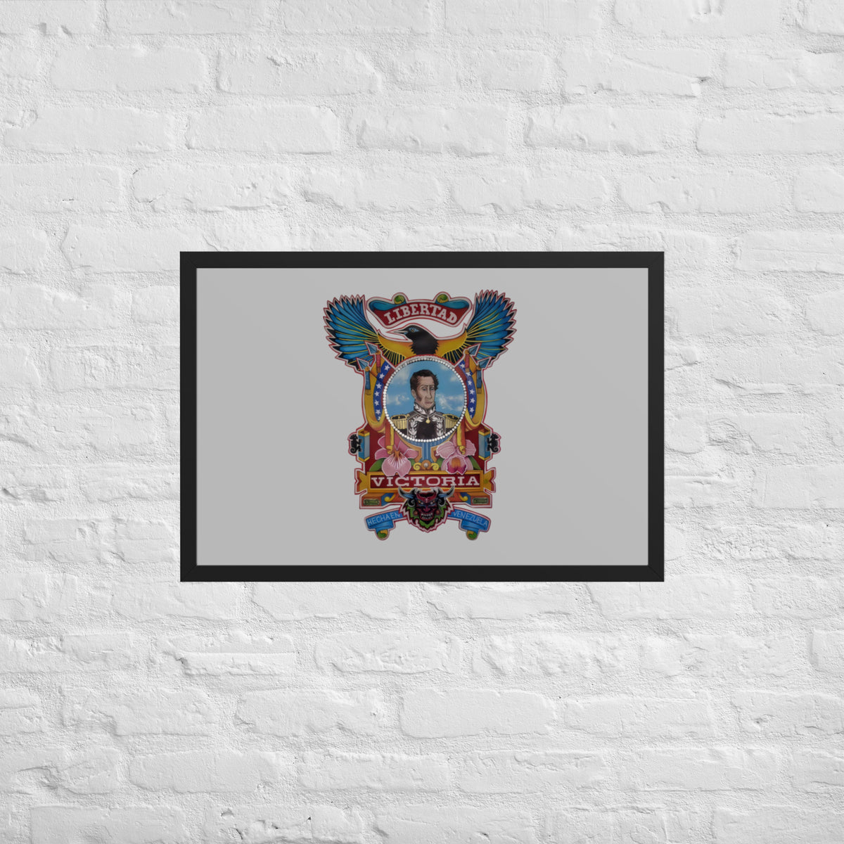 Black framed poster with hand-drawn Simón Bolívar-inspired art, 20×30 – El Libertador wall art by Bareta Fina Designs