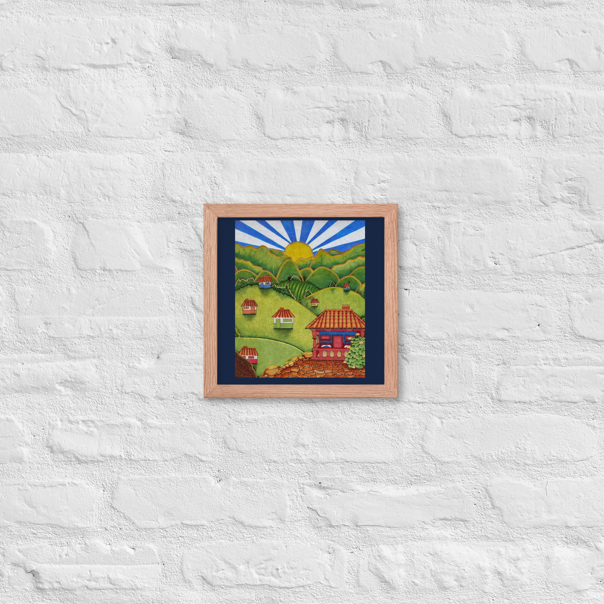 Red oak framed poster with hand-drawn Colombian landscape art – Beautiful View by Bareta Fina Designs