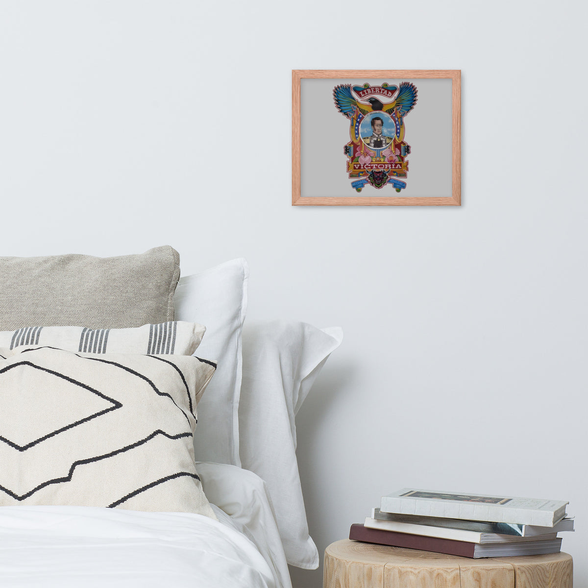 Red oak framed poster with hand-drawn Simón Bolívar-inspired art, 11×14 – El Libertador wall art by Bareta Fina Designs