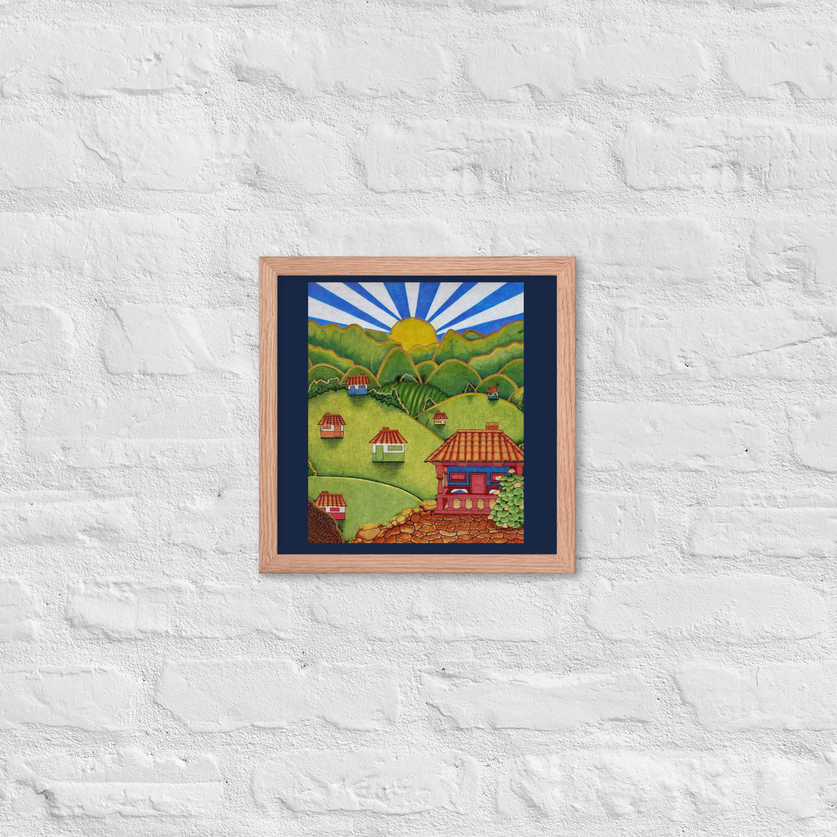 Red oak framed poster with hand-drawn Colombian landscape art – Beautiful View by Bareta Fina Designs