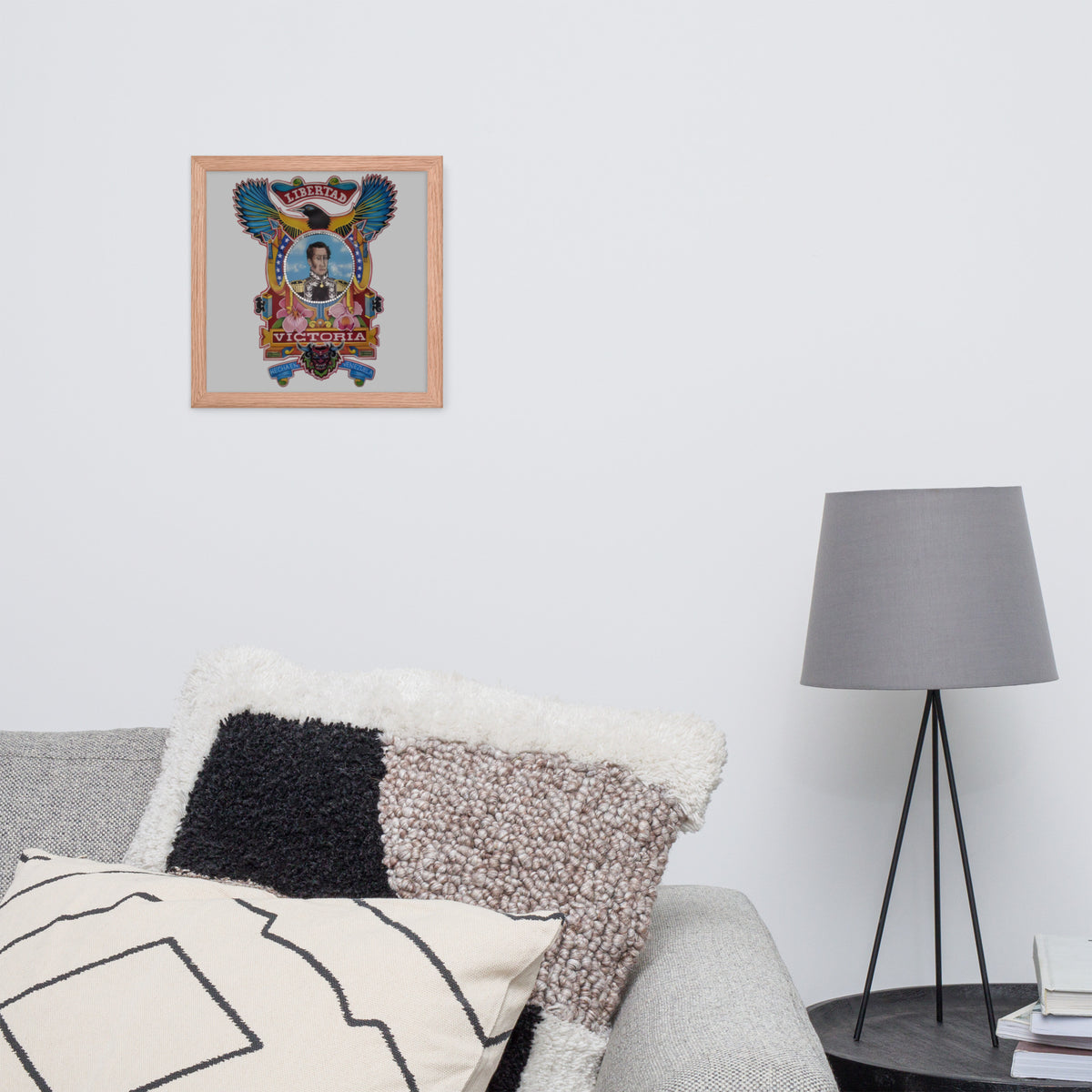 Red oak framed poster with hand-drawn Simón Bolívar-inspired art, 12×12 – El Libertador wall art by Bareta Fina Designs