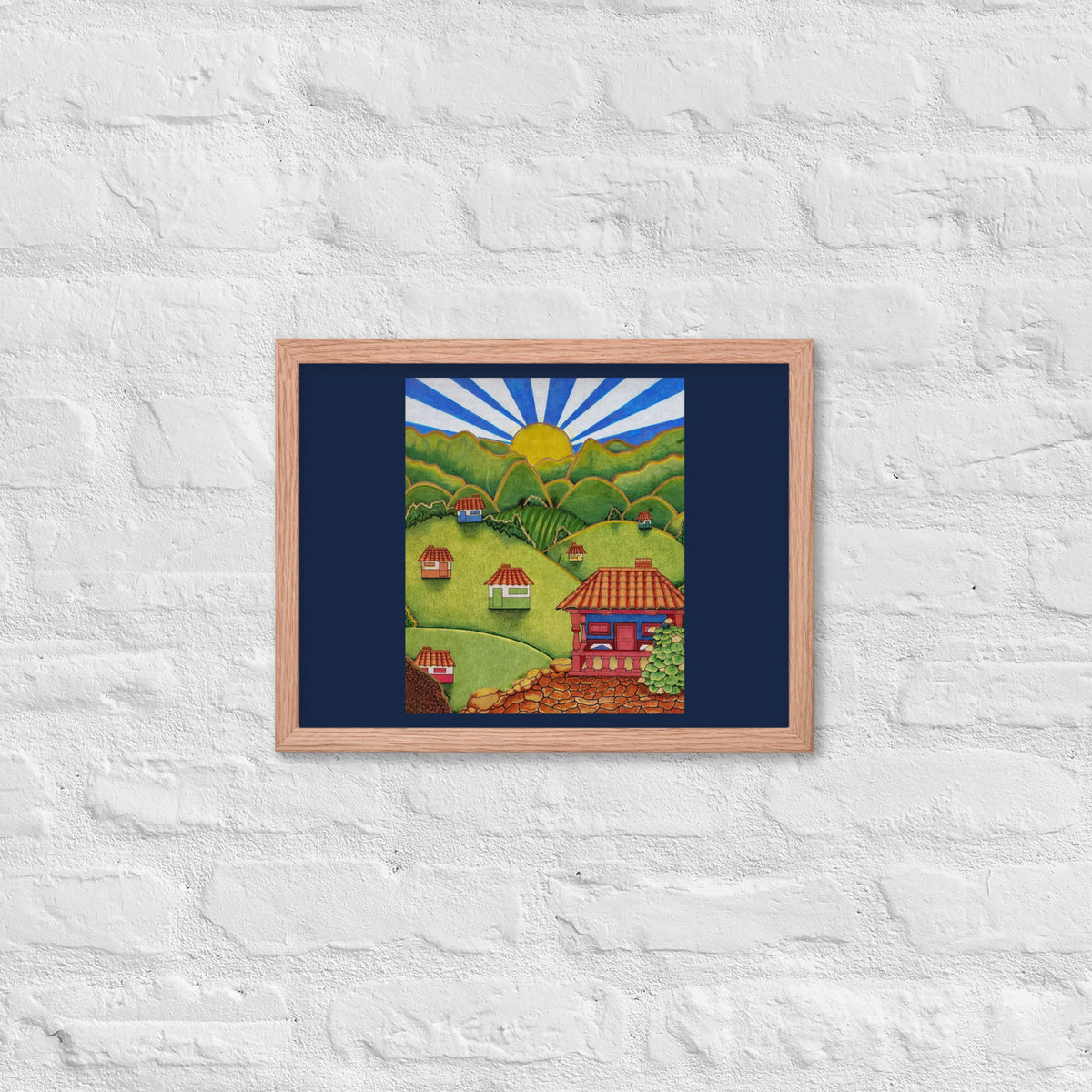Red oak framed poster with hand-drawn Colombian landscape art – Beautiful View by Bareta Fina Designs